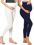 Litelooks Women's Cotton Lycra Over Belly Maternity Leggings - Comfortable, Seam-Free, High Waist Support, Stretchable Pregnancy Pants for Pre & Post Pregnancy (in, Alpha, L, Regular, White Navy)