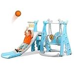 Arkyomi kids slide and swing set outdoor/indoor play,Large 3 in 1 garden slide with Basketball Hoop for toddlers age 3+(blue)