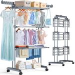 PurKeep Thicken & Durable Clothes Airer, Extra Large 4-Tier Capacity Foldable Clothes Drying Rack with Wheels, Stainless Steel Clothes Horse for Indoor/Outdoor Use in Bedroom, Laundry Room