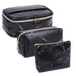 WANDF 3 Pieces/Set Marble Makeup Bag Toiletry Bag Portable Cosmetic Pouch Travel Toiletry Organizer with Water-Resistant for Women Men Girls (M - Black, Medium)