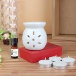 Coku Ceramic Diffuser Pot Essential Oil Burner Clay Lamp Wax Warmer Aromatherapy Oil Diffuser with 4 Tea Lights & 10ml Jasmine Aroma Oil for Home, Office Spa, Meditation Or Yoga (White)