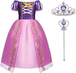 ACWOO Deguisement Robe Costume Princesse Raiponce Enfant Fille avec Couronne et Baguette Magique, Anniversaire Noël Fete Halloween Nouvel An Party Dress Up, Manches Bouffantes
