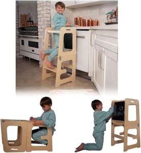 DxZephious 4-in-1 Foldable Tower - Toddler Step Stool with Chalkboard, Desk and Chair - Montessori and Waldorf Style Stool