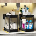 Waretary 2 Pack Under Sink Storage Kitchen Organiser, 2 Tier Slide Out Under Sink Organiser, Multi-Purpose Under Sink Cabinet Basket Organiser with 4 Hooks 1 Hanging Cup for Bathroom Kitchen (Black)