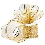 Belle Vous Gold Organza Christmas Ribbon - 10M x 63mm Wide Wired Glittery Snowflake Christmas Tree Ribbon for Xmas Tree Decorations - Gold Organza Ribbon for Gift Wrapping Crafts Party Decoration