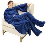 Catalonia Wearable Fleece Blanket with Sleeves and Foot Pockets for Adult Women Men,Micro Plush Comfy Wrap Sleeved Throw Blanket Robe Large,Navy