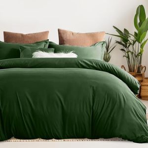 LINENOVA Queen Quilt Cover Set, 100% Luxury Cotton Duvet Cover with Buttons Closure,Ultra Soft Solid Plain Color 3pcs Doona Cover Set(Queen, Olive)