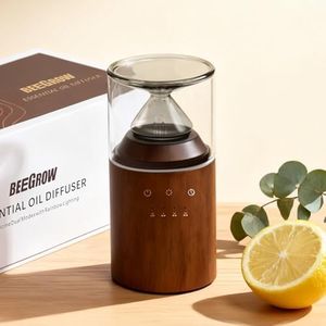 BEEGROW Waterless Essential Oil Nebulizing Portable Wireless Diffuser, Premium Glass and Solid Wood Aroma Diffuser for Home Office Bedroom Car, Elegant Gift Packaging with Essential Oil 10ml (Lemon)