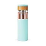 Pinky Up Dana Travel Infuser Mug, Single-Walled Glass Tumbler with Stainless Steel Strainer Bamboo Lid with Handle and Silicone Sleeve, 16 Oz Bottles, Turquoise, Set of 1