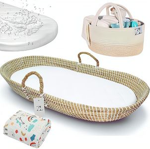 ZEAL'N LIFE Premium Baby Changing Basket, 04 Pieces Gift Set Moses Baskets for Newborn with Diaper Caddy, Baby Towel & Waterproof Pad – Moses Basket Mattress, Basket of Babies, Baby Moses Basket