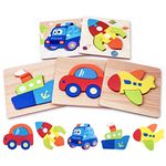 Highttoy Wooden Jigsaws for 1 2 3 Year Olds,5 Pcs Jigsaw Puzzles for Toddlers Kids Traffic Vehicle Chunky Shape Blocks Early Educational Montessori Wooden Puzzles Toys for 1 2 3 Year Old Boys Girls