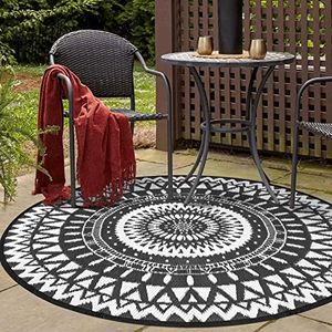 NUU GARDEN Round Outdoor Rug for Patios Plaid Reversible Patio Rug, Plastic Straw Indoor and Outdoor Round Rug for Outdoors, RV, Backyard, Deck, Picnic, Beach, Trailer, Camping, 5 * 5 ft