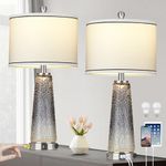 Glass Table Lamp Set of 2, 26" Modern Table Lamps with USB A+C Ports & AC Outlet, Touch Control Bedside Nightstand Lamp with LED Night Light for Living Room Bedroom Home Decor Gray(4 Bulbs Included)