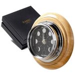 Tabic Prestige Chrome Moon Phase Clock Mounted On an English Oak Mount, with jet black mirrored aluminium dial