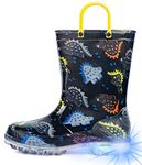 HugRain Toddler Boys Rain Boots Kids Light Up Printed Waterproof Shoes Lightweight Adorable Black Dinosaur with Easy-On Handles (Size 7,Black)