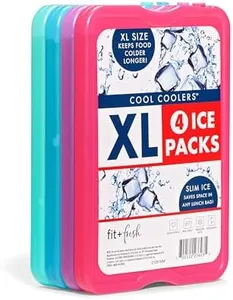 Cool Coolers by Fit & Fresh 4 Pack XL Slim Ice Packs, Quick Freeze Space Saving Reusable Ice Packs for Lunch Boxes or Coolers, Multi