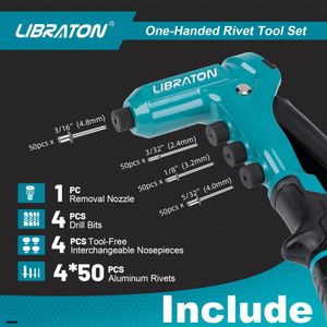 Libraton One-Handed Rivet Gun Set – 200 Rivets, 4 Heads, Drill Bits, Storage Case