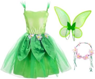 Lito Angels Deguisement Costume Fée Clochette Robe de Fée Verte avec Couronne Fleurs et Ailes pour Enfant Fille Taille 8-10 Ans, XL