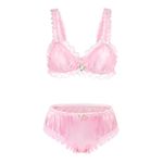 Littleforbig Unisex Nightwear Strap Sleepwear Lingerie Loungewear Sissy Lacy Frill Adjustable Satin Bralette Panties Set S Pink