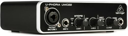 Behringer UMC22 Audiophile 2x2, 48 kHz USB Audio Interface with Midas Mic Preamplifier for Recording Microphones and Instruments