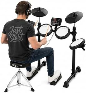 Fesley FED150W Electric Drum Set, Electronic Drum Set for Kids Beginner with 4 Drum Pads, Light and Portable Drum Set with Bluetooth and MIDI function, Throne, Headphones, Sticks