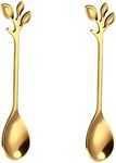 2 Pack Stainless Steel Leaf Coffee Spoon Tableware Dessert Spoons, Stirring, Mixing, Sugar, Stir, Ice Cream, Cake, Teaspoon 4.7 inch Gold