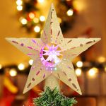 Quntis Christmas Tree Topper, Star Tree Topper Lighted with 3D Magic Rotating Color Projector, Plug in Xmas Tree Topper Star Lights for Indoor Room Christmas Tree Decorations, 9.8ft Lead Wire, Gold