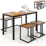 TANGZON Dining Table and Stools Set with Bench, 4 Pieces Steel Frame Kitchen Table Set with Adjustable Foot Pads, Space-Saving Wooden Dining Room Furniture Sets (Brown, without Reinforced Bar)