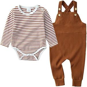 YUEMION Newborn Baby Boy Clothes,2Pcs Infant Boy Romper Bodysuit Spring/Summer Stripe Outfits +Bib Overall Pants(0-18 Month), Brown, 6-12 Months