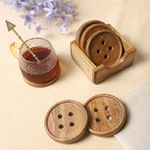 DREAMY WALLS Wooden Coasters Set of 6 with Holder | Glass & Cup Coasters, Coffee Mug, Coffee Table, Home Decor items Anniversary gift for couple special, kitchen accessories items | Button Design