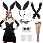 7Pcs Bunny Costume Set, Bunny Accessories Kit with Rabbit Ear Headband Collar Bow Tie Satin Gloves Fishnet Stockings Glasses Bunny Tail and Arm Cuffs for Women Halloween Easter Cosplay Party Dress Up