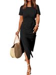 ANRABESS Women’s 2024 Summer Short Sleeve Crewneck T Shirt Maxi Dress Tie Waist Casual Slim Fit Slit Long Beach Dresses, Black, Large