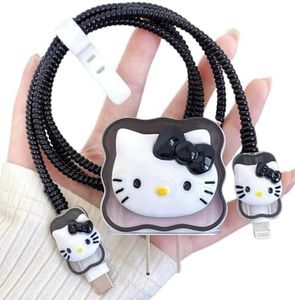 Meyaar 4 in 1 Compatible with Apple iPhone Charger Case Cover | Silicon Charger Case Cover for Apple 18-20W 360 Degree Protection Case with Wire Saver (Black (Bow Kitty))