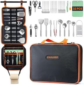 Camping Cooking Utensil Set 32 PCS Camp Kitchen Utensils Kit Cutlery of Five with Organizer Case Bag, Portable RV Camping Cooking Essentials Accessories for Cookouts Stainless Steel