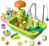 CUTE STONE Play Sink with Running Water, Kitchen Sink Toys with Upgraded Electric Faucet, Play Kitchen Toy Accessories, Pool Floating Fishing Toys for Water Play, Kids Role Play Dishwasher Toy