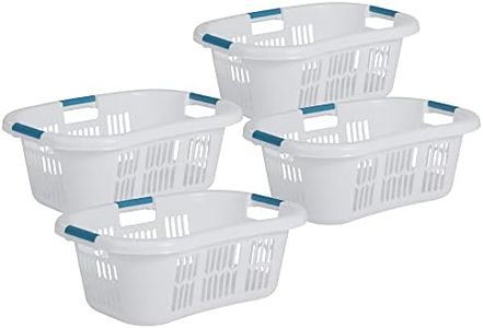 Rubbermaid 4 Pack Small Laundry Basket, 2.1 Bushel Bedroom Hamper, Hip-Hugger Plastic Clothing Bin with Carrying Handles, White