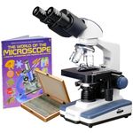 AmScope - 2500X LED Binocular Compound Microscope w/ 3-D Stage +World of the Microscope Book + 100 Prepared Slides - B120C-WM-PS100