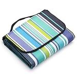 LIVEHITOP 200x200cm Picnic Blanket Waterproof Backing – Compact Camping Mat Sandproof Extra Large Foldable Rug with Handle for Outdoor Family Summer, Blue Stripe