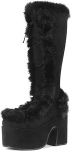 VIMISAOI Womens Mid Calf Boots, Lace Up Zip Block Chunky High Heel Punk Goth Warm Fur Winter Snow Platform Boots