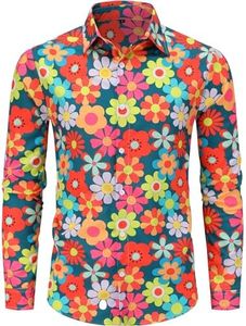 Funny 70s Shirts Disco Hip Hop Long Sleeve Dress Shirt Casual Button Down Shirt for Men, Colorful Hippie Floral, Medium
