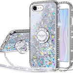 Silverback for iPhone SE Case 2022/2020, iPhone 8 Case, iPhone 7 Case, Moving Liquid Holographic Sparkle Glitter Case with Stand, Bling Ring iPhone SE3/2 iPhone 8/7 Case for Girls Women -Clear Silver