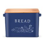 Herogo Bread Bin, Metal Bread Box with Wooden Lid for Cutting Bread Board, Extra Large Bread Holder Holds 2 Loaves, Space Saving Bread Storage for Kitchen Countertop, 33x18x24.5cm (Blue)