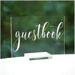 Cedar and Ink Guestbook Acrylic Calligraphy Sign w/Base, Acrylic Wedding Signs Cursive Lettering, Clear Lucite Glass-Like Gift Table Decor or Wedding Cards Sign, Reception Event, Stand Included