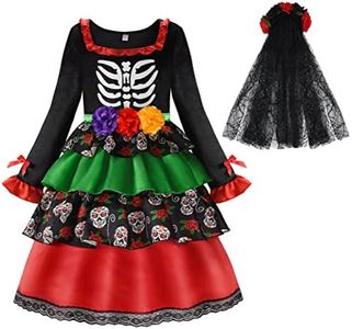 ReliBeauty Kids Day of The Dead Costume for Girls Sugar Skull costume with Flower Deadband and Flower Collar,Multicolor 4T-4/110