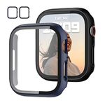 JZK Slim Guard Bumper Full Coverage Hard PC Protective Cover HD Ultra-Thin Cover Case with Tempered Glass Screen Protector for Apple Watch Series 7 45mm, iWatch 45mm Accessories, Black+Blue - 2 Pack