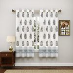 BLOCKS OF INDIA Hand Block Printed Cotton Daylight Curtains With Eyelets (Set Of 2 Curtains, Flower 1, 5 Feet/Windowsemi Sheer, White,Grey)