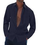 Halfword Linen Shirts Men Casual Beach Shirts Long-Sleeve Cotton Button Down Summer Holiday Wedding Tops Navy M