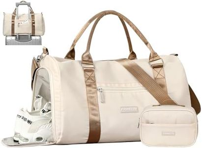 FIORETTO Womens Gym Tote Duffle Bag with Toiletry Bag, Sports Duffel Overnight Hospital Workout Carry on Bag for Girls with Wet Pocket & Shoe Compartment, Ideal for Travel, Swimming, Beige & Brown