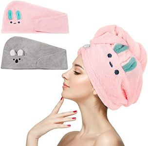 2 Pieces Microfibre Hair Towel Absorbent Hair Towel Wrap Cute Cartoon Rapid Drying Hair Towel Anti Frizz Hair Turban Head Towel for Women or Girls Kids (Grey，pink,Bunny, Koala)