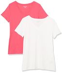 Amazon Essentials Women's 2-Pack Classic-Fit Short-Sleeve V-Neck T-Shirt, Bright Pink/White, Small